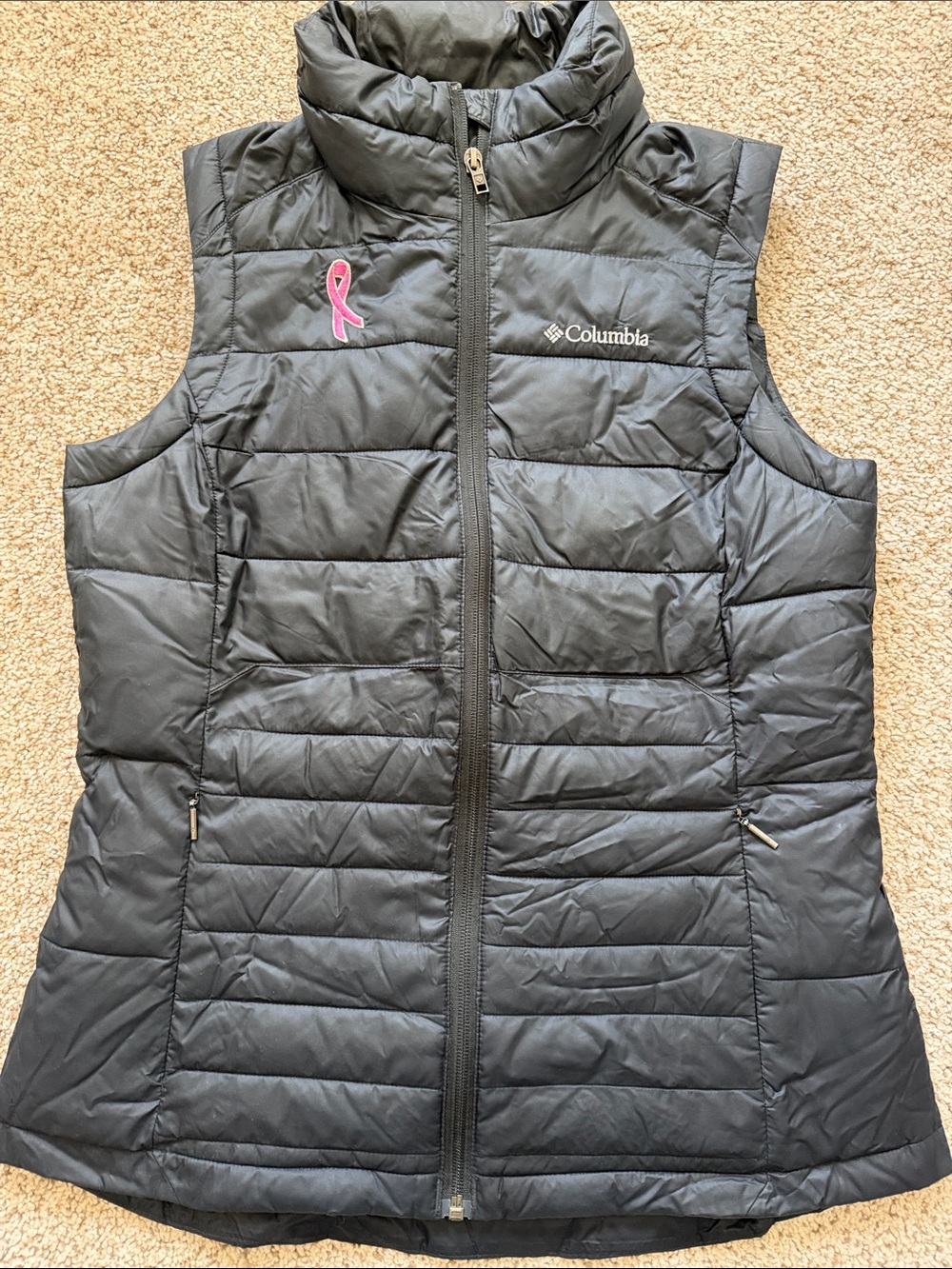 Columbia Women's Black Quilted Insulated Vest with Pink Ribbon
